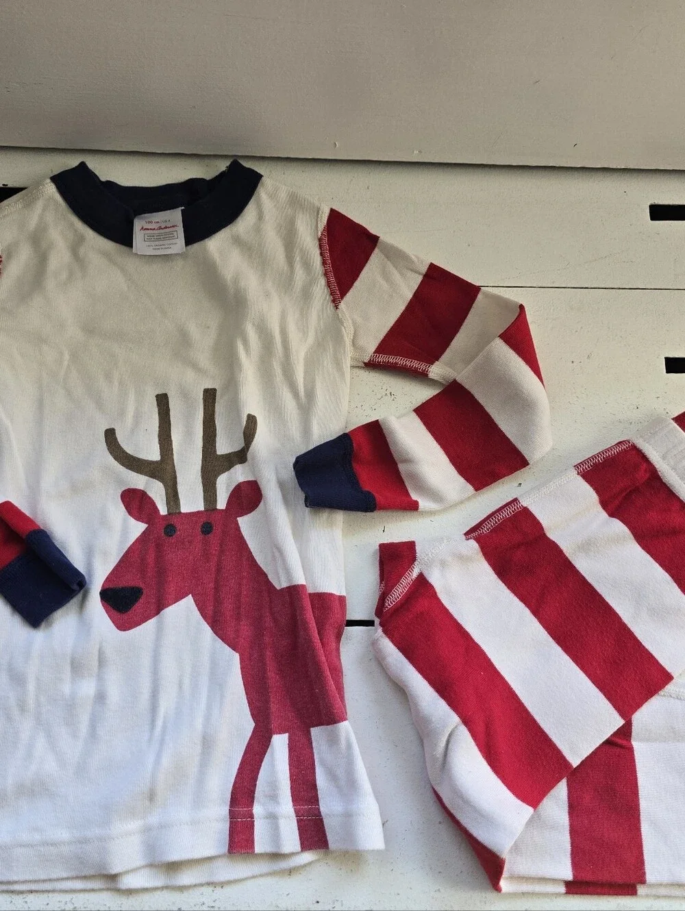 Hanna Andersson Red Reindeer Stripe Pajama Set with Navy Trim